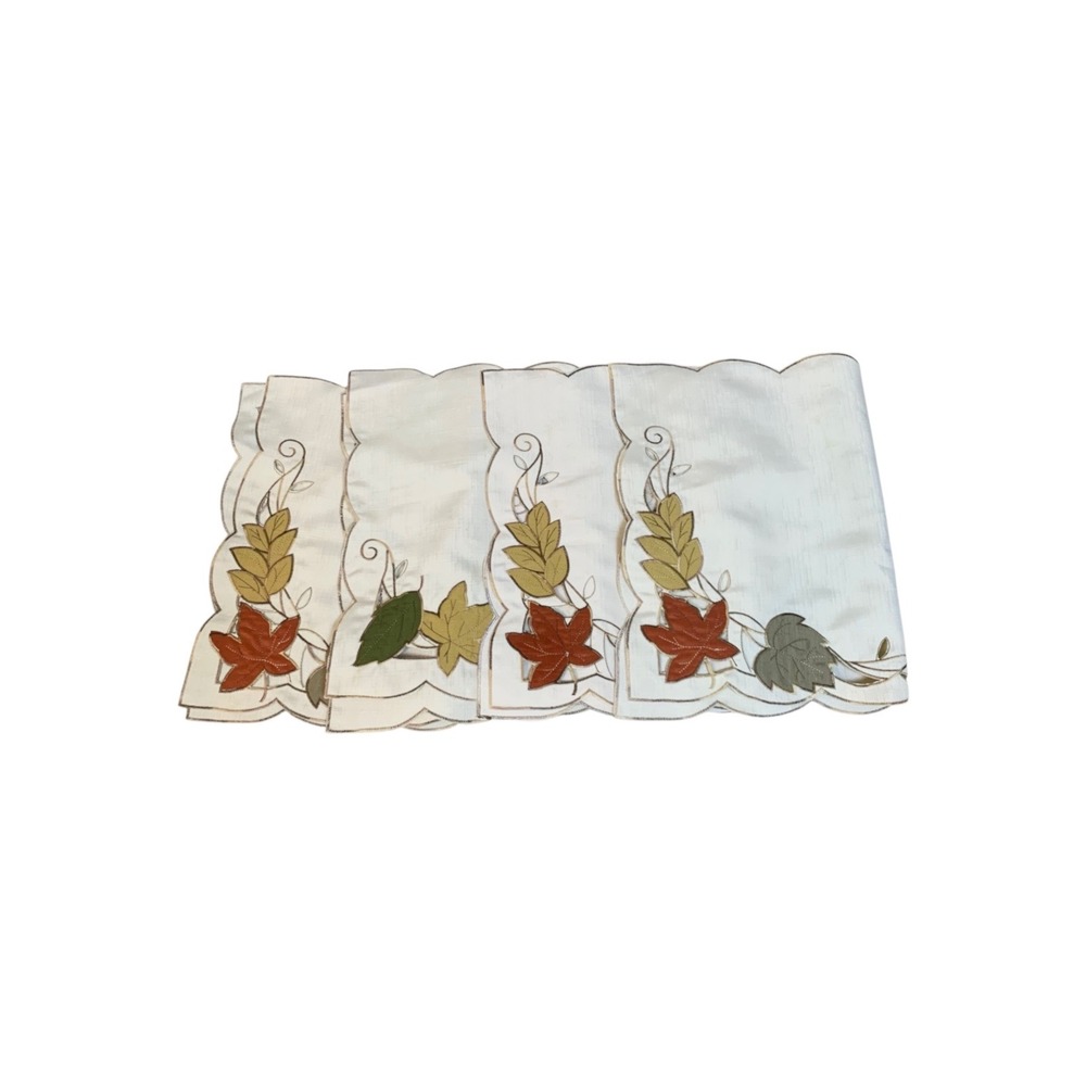 Set of 4 Fall Leaf Embroidered Cutwork Placemats Scalloped Cream Autumn Harvest